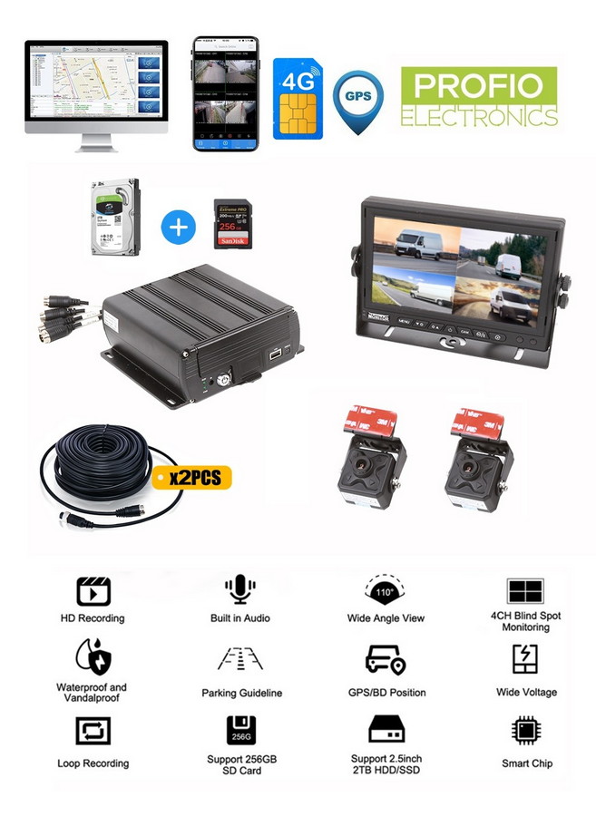 4-kanałowy system kamer samochodowych z Wi-Fi + 4G SIM z FULL HD - PROFIO X7
